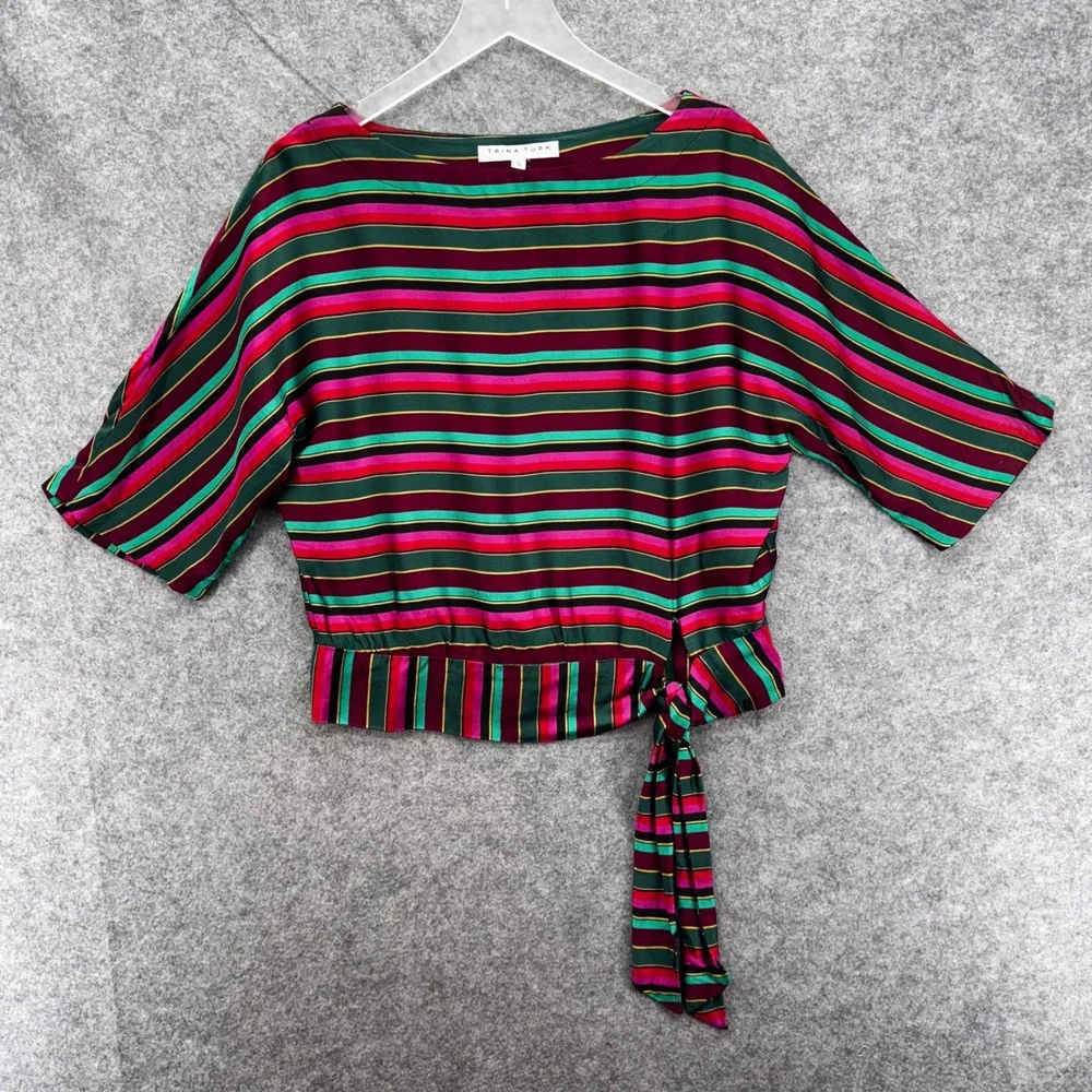 TRINA TURK Women On the Rocks Stripe Boat Neck Top Size S Red Pink Holiday Party - Picture 6 of 12